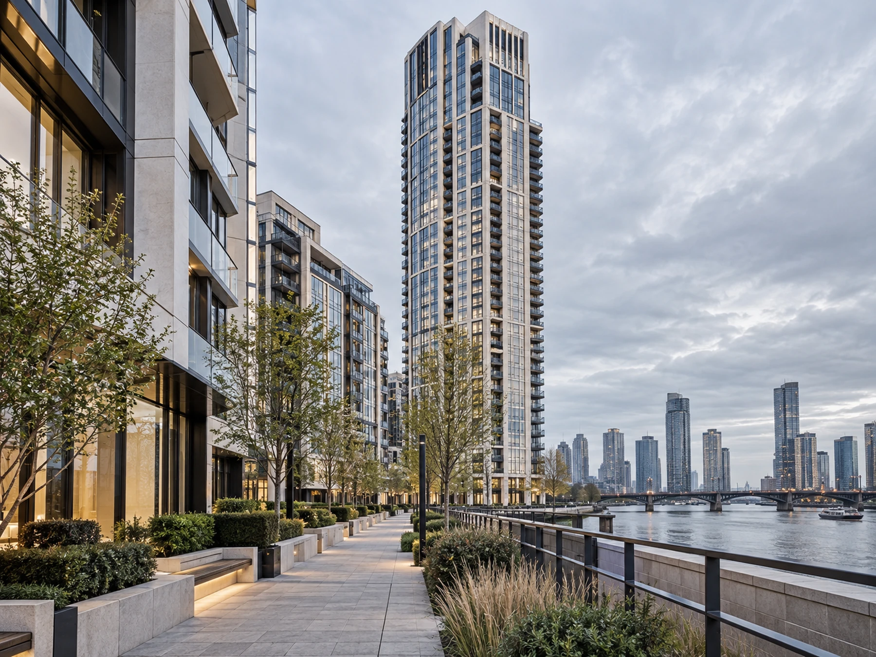 Contemporary riverside tower and landscaped walkway in Nine Elms, London